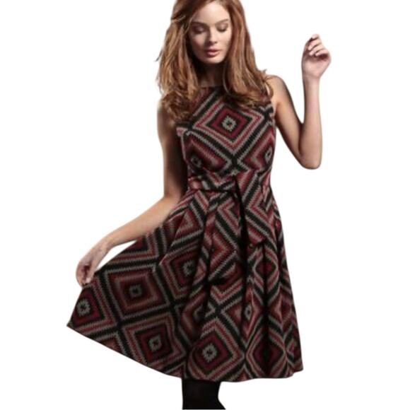 Anthropologie Eva Franco A Line Geometric Patterned Dress Red and Black Size 10 - Picture 2 of 11